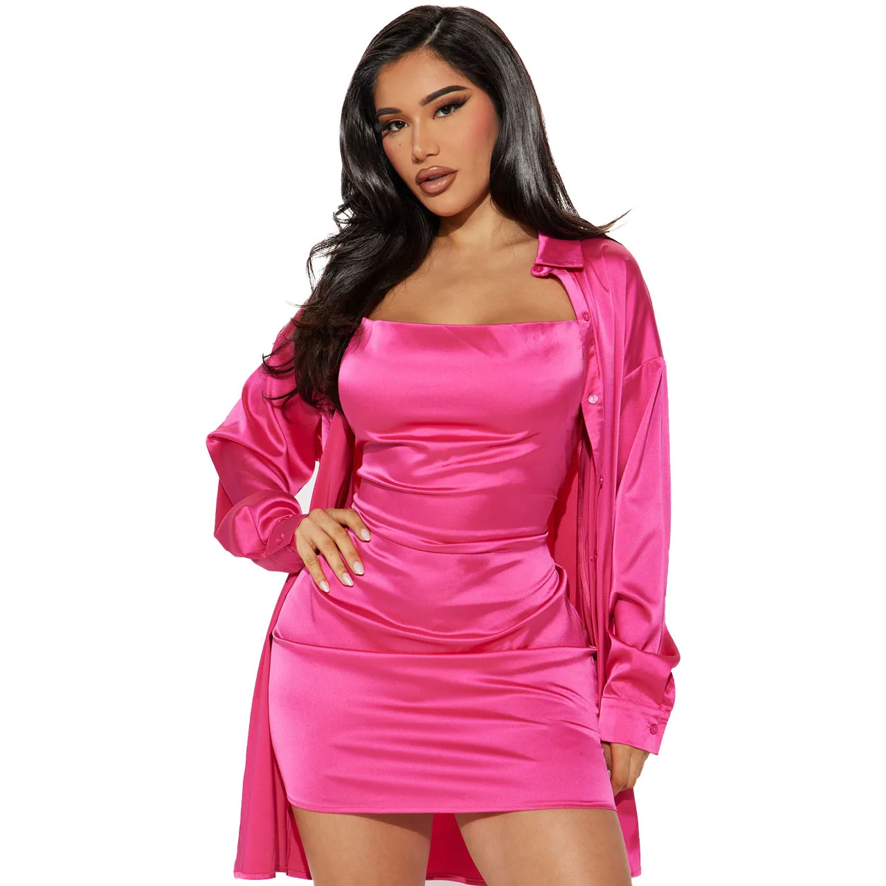 Glossy Satin Women Dress Set Solid Long Sleeve Button Up Shirts Spaghetti Straps Mini Dress 2023 Autumn Sexy Night Club Vestidos