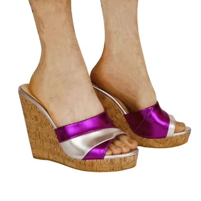 DIZHUANG Fashionable women's high-heeled slippers Multi colored leather patchwork slippers About 11cm heel height Wedges slipper