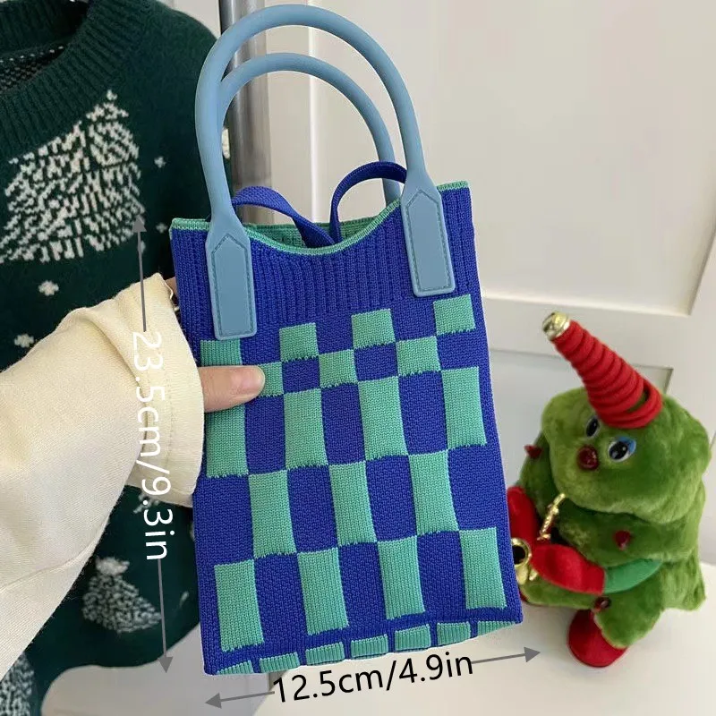 Korean Fashion Lattice Knitted Mini Square Handbag Candy Color Small Mobile Phone Shoulder Bag Women Girls Causal Crossbody Bags