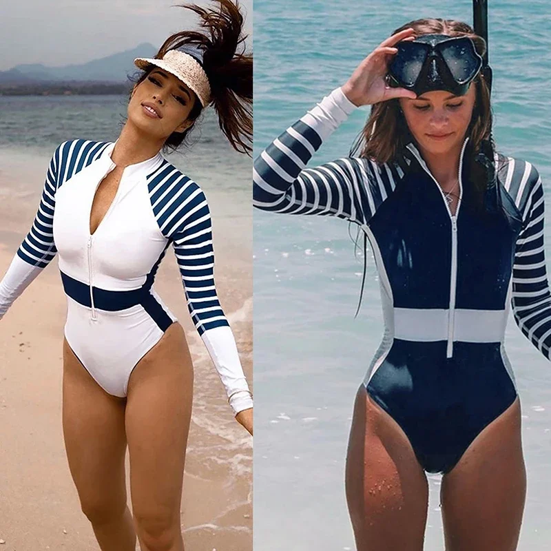 2022 Summer Sexy Swimwear Women Surfing Swimsuit Striped Bathing Suits Zipper One-piece Swim Suits Sports Bikini Beach Wear