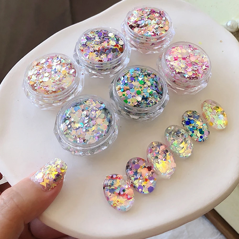 Iridescent Mixed Hexagon Star Nail Glitter Sequins Holo Flakes Gel Polish Paillette For Summer Nail Art Decor Manicure Design