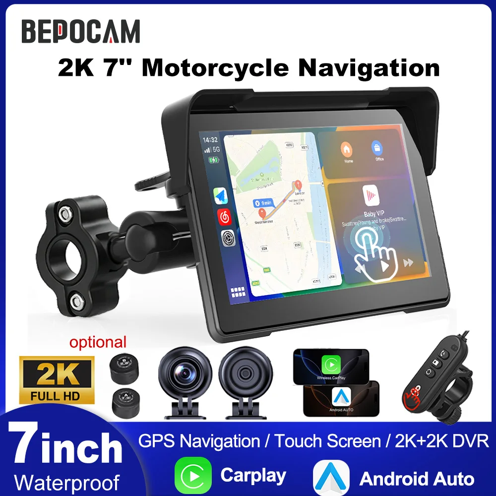 BEPOCAM Dual 2K 7'' Carplay Screen Motorcycle GPS Navigation Wireless Carplay Android Auto IPX7 DVR Drive Recorder Moto Monitor