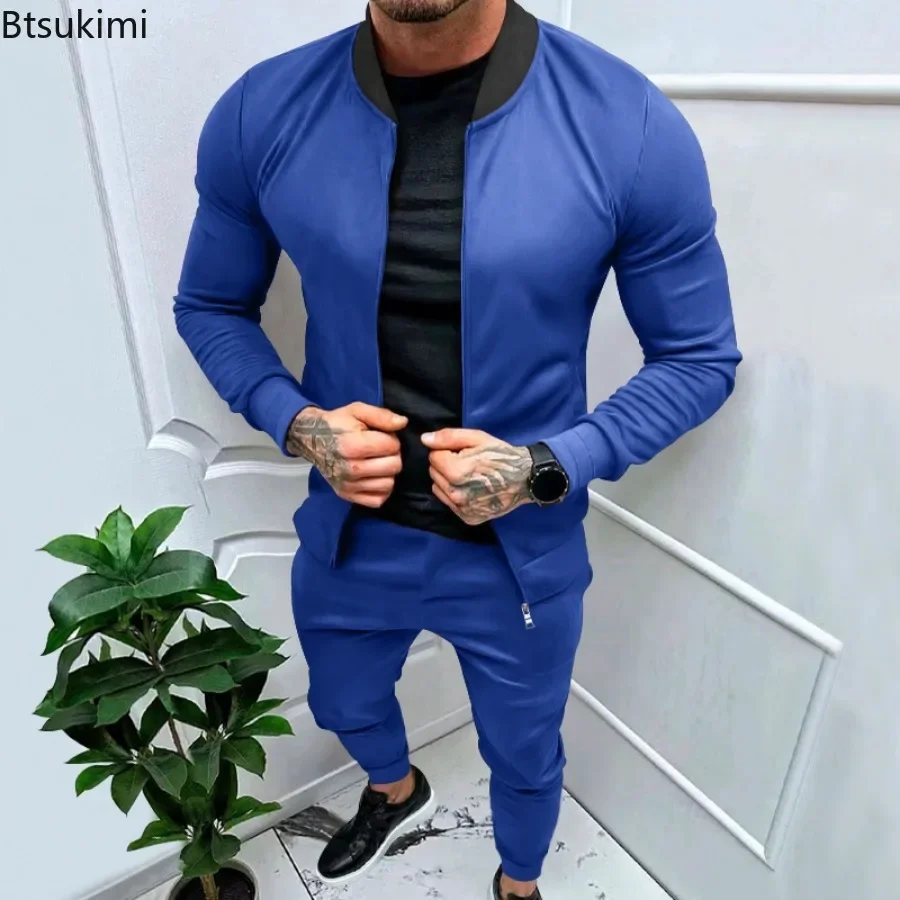 2024 Men\'s Casual 2PCS Pants Sets Solid Slim Tracksuits Sets Man Stand Collar Long Sleeve Zipper Jackets and Trousers Sets Male