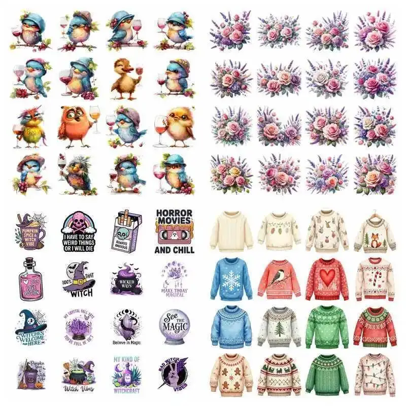 Cartoon Flowers and Birds set heat transfer iron on printing vinyl stickers T-shirt stickers DIY Toy doll clothing decoration