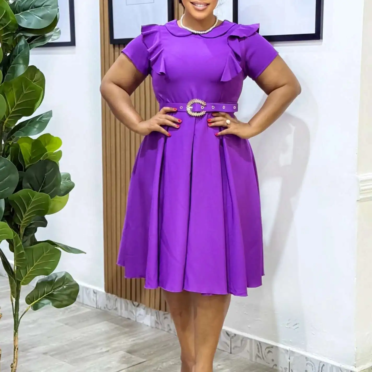 

D583 Women's Short Sleeve Doll Collar Solid Color Short Sleeve Ruffle High Waist Flared Dress Summer Dress Robe Vestido Women