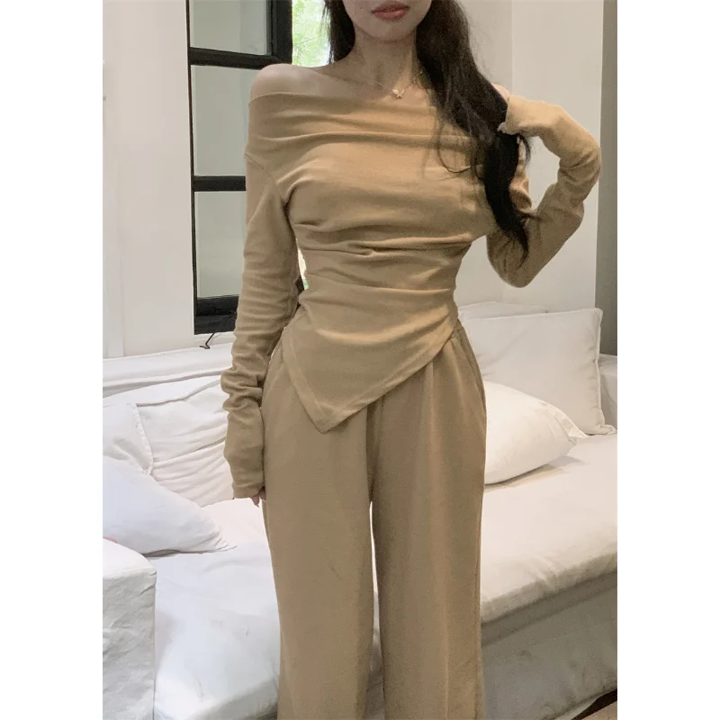 2023 Spring for Women Korean Style Irregular Off Shoulder T-shirt + Pants Suit 2 Pieces Sets Tight-fitting Retro Y2k Suit