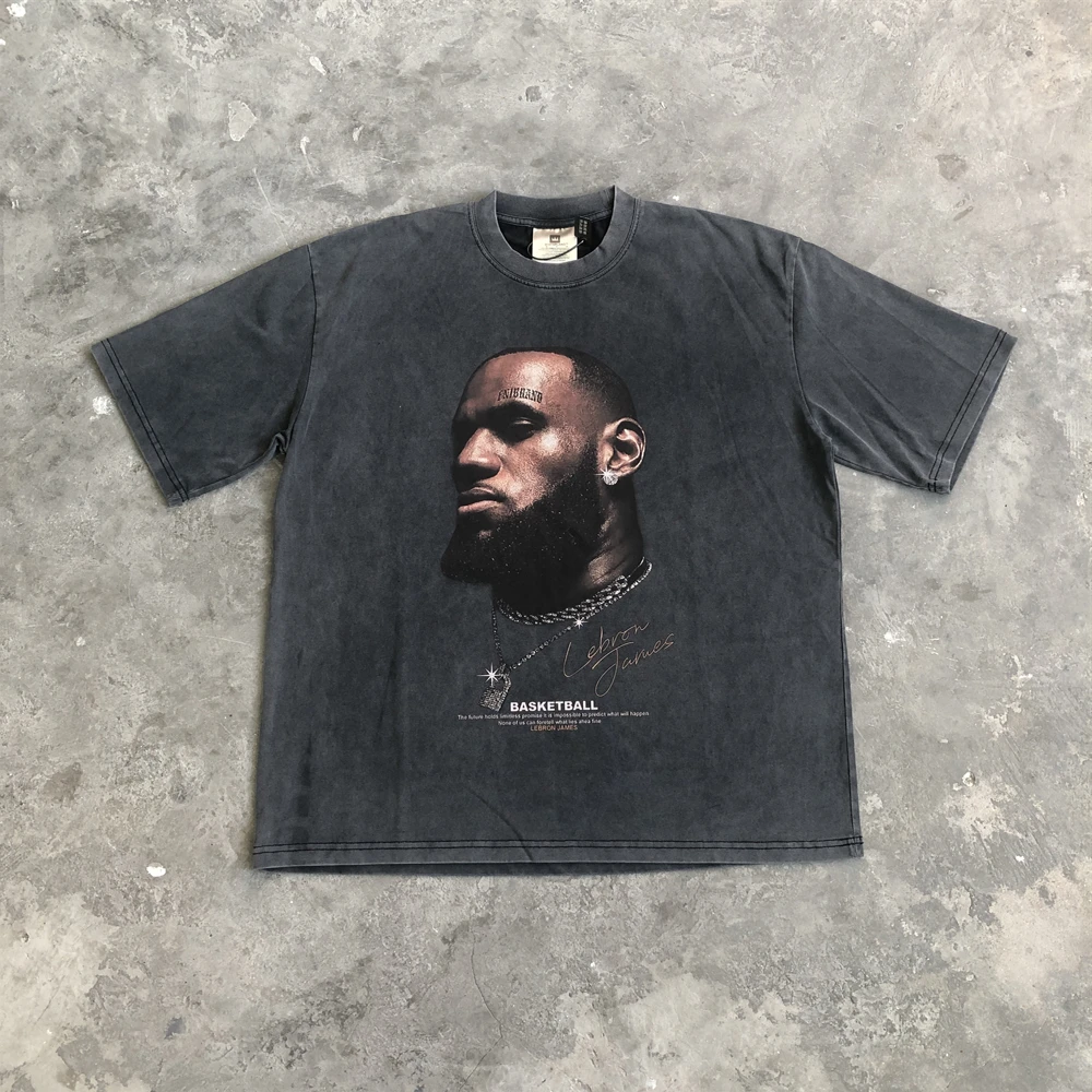 Frog Drift Fashion Quality LeBron Graphics Printed Vintage Tee Basketball Casual Loose Tops 100%Cotton Oversize T Shirt For Men