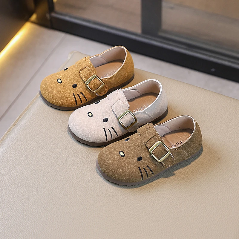Cartoon Cat Baby Boys Children's Casual Shoes Cowhide Suede Leather Girls Flat Shoes Retro Non-slip Soft Sole Kids Leather Shoes