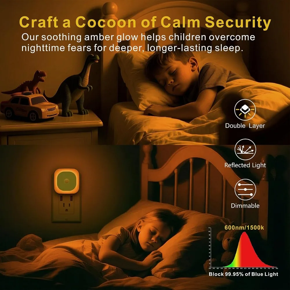 2 Pack Plug in Amber Night Light with Motion Sensor & Dusk to Dawn Sensor, 3-in-1 Dimmable Night Lights for Kids, Sleep, Bathroom, Bedroom