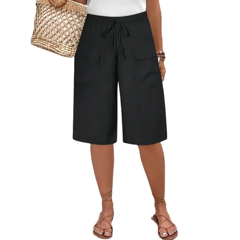 Plus Größe 1XL-5XL Neue frauen Casual Fünf-punkt Shorts Tasche Gefälschte Kordelzug Frauen Kleidung Strand Shorts