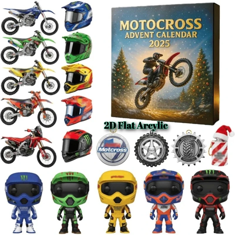 2D Arcylic Motocross Adventskalender 2025, 24 Tage Weihnachts-Countdown mit Mini-Dirtbikes, Racer-Figuren, Charms, Ornamenten