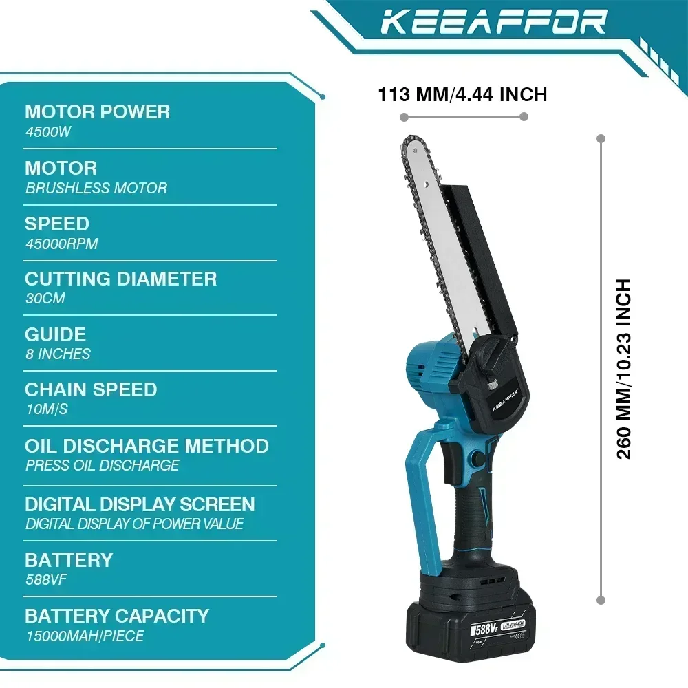 KEEAFFOR Brushless 8 Inch Electric Saw Automatic Oiler Chainsaw Garden Pruning Handheld Woodworking Tool for Makita 18V Battery