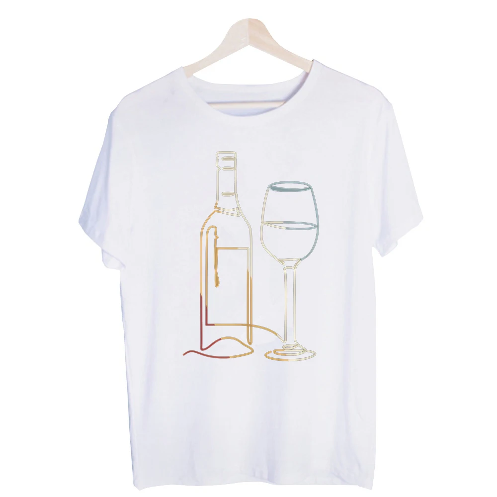 Men's Wine Bottle and Glass Line Art Graphic Tee, Short Sleeve Crew Neck T-Shirt for Casual Daily Wear and Evening Gatherings