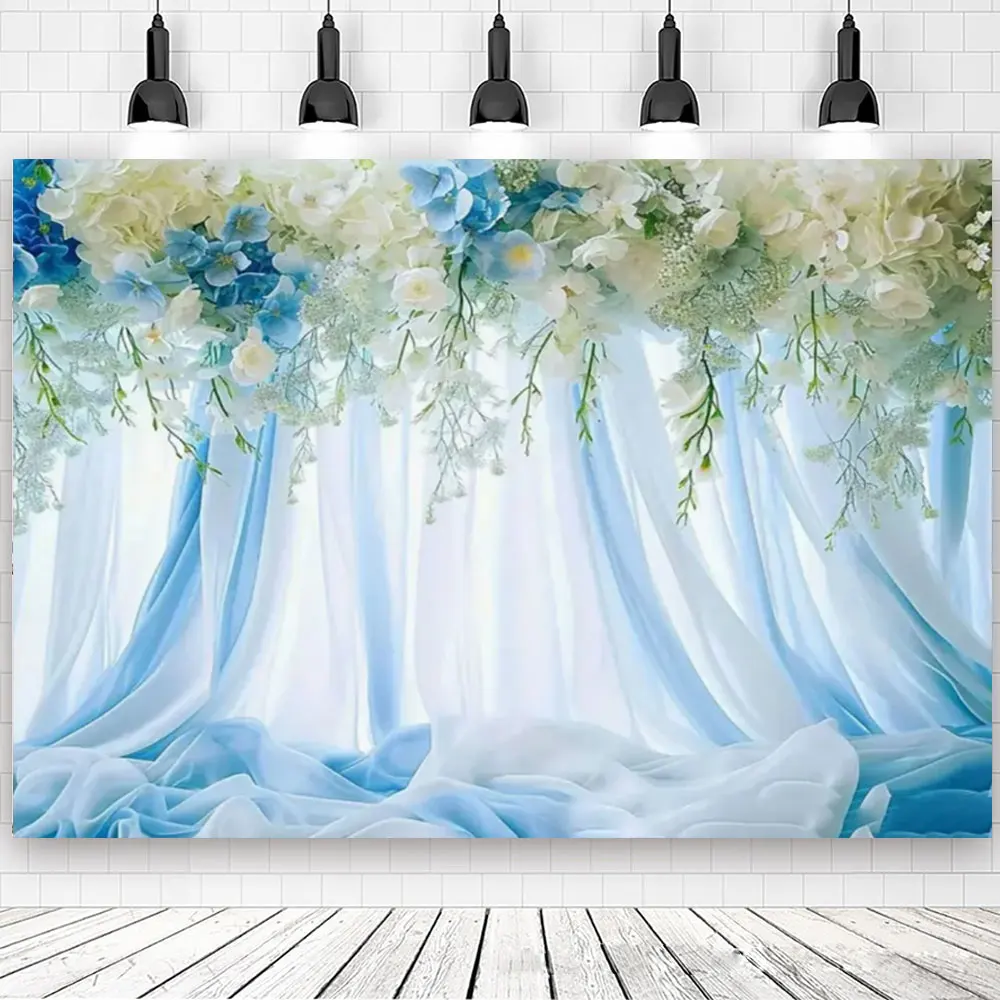 Wedding Dreamy Birthday Portrait Photography BackdropS Blue Colorful Curtains Flowers Floral Baby Cake Background Photo Studio