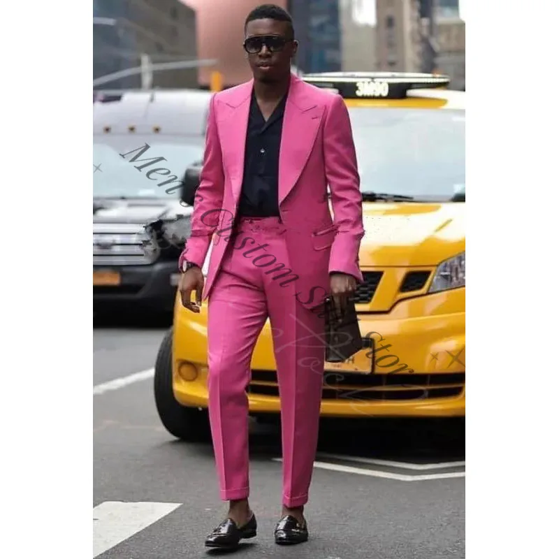 

Fashion Hot Pink Men Suits Wedding Terno Clothing Single Breasted Peaked Lapel Double Pockets 2 Pieces Set Jacket Pants Slim Fit