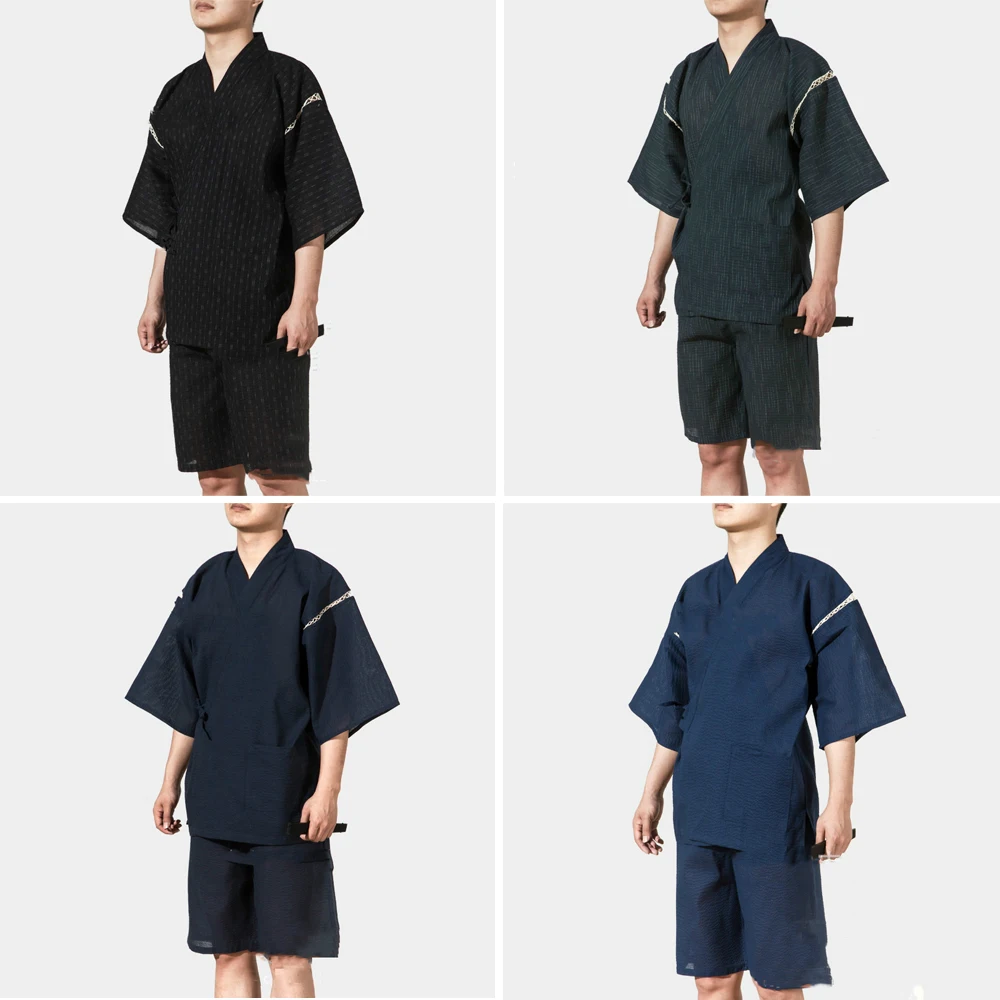 Japanese Traditional Samurai Ninja Role Play Kimono Men's Yukata Bathrobe Loose Sauna Suit Home Clothes Summer Short-sleeved Top