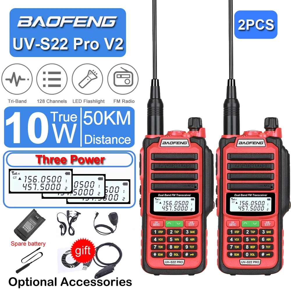 2pcs Baofeng UV-S22 Pro V2 Power Waterproof Hunting Walkie Talkie Type-C Powered UHF VHF Programming Cable FM Tactical Intercom