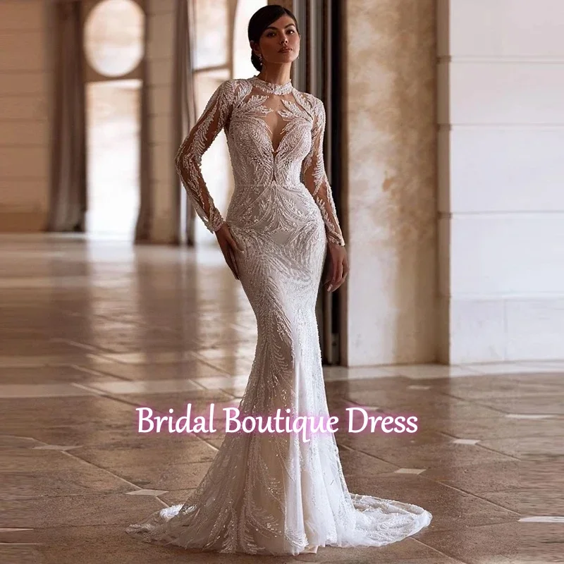 Maßgeschneidertes exquisites, vollständig perlenbesetztes, abnehmbares Meerjungfrau-2-in-1-Hochzeitskleid mit Ballkleid, Stehkragen und langen Ärmeln