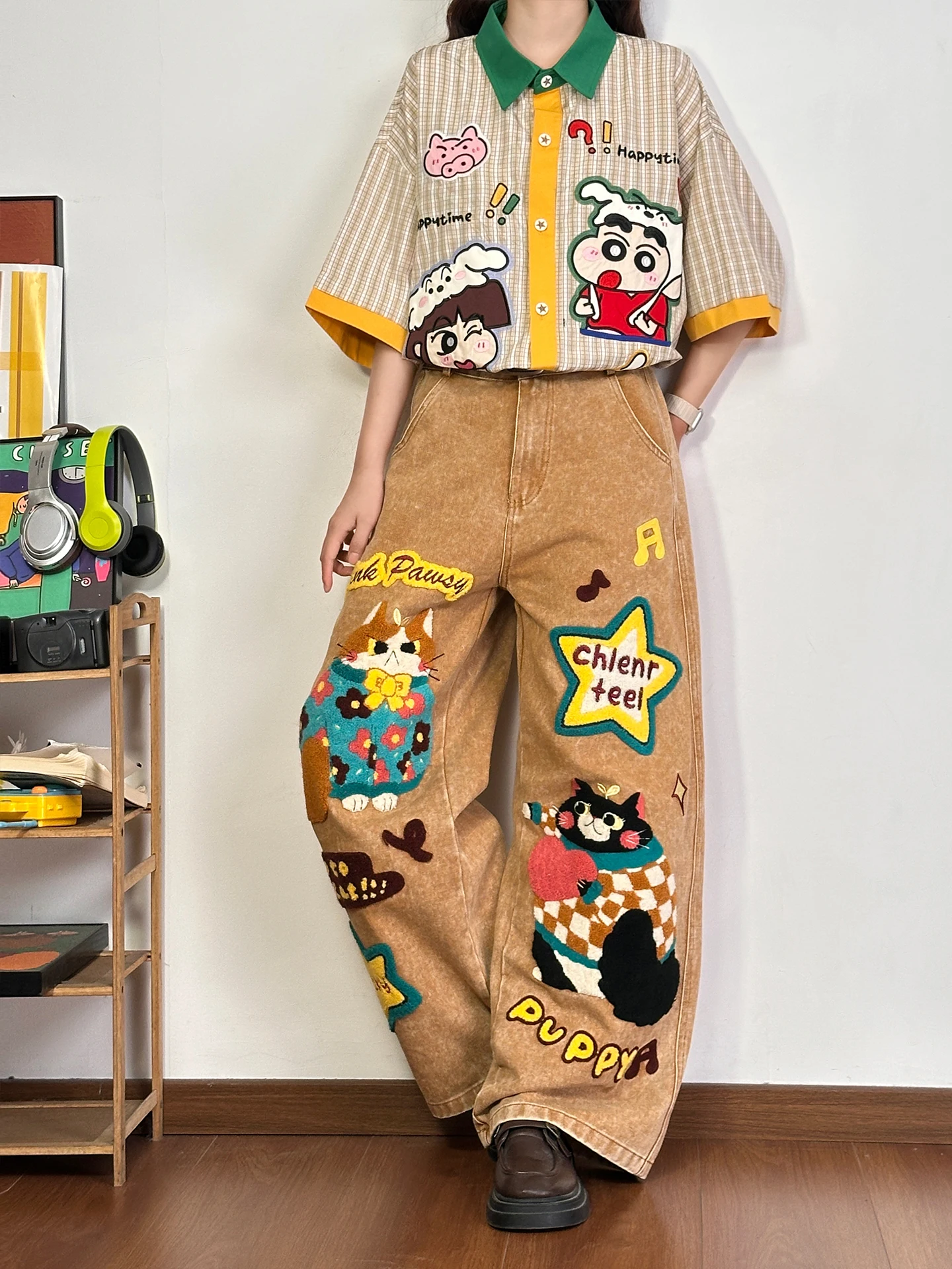 Retro American Cartoon Embroidery Straight Leg Jeans Women's Loose Wide Leg Pants Casual Summer Denim Trousers for Young Women