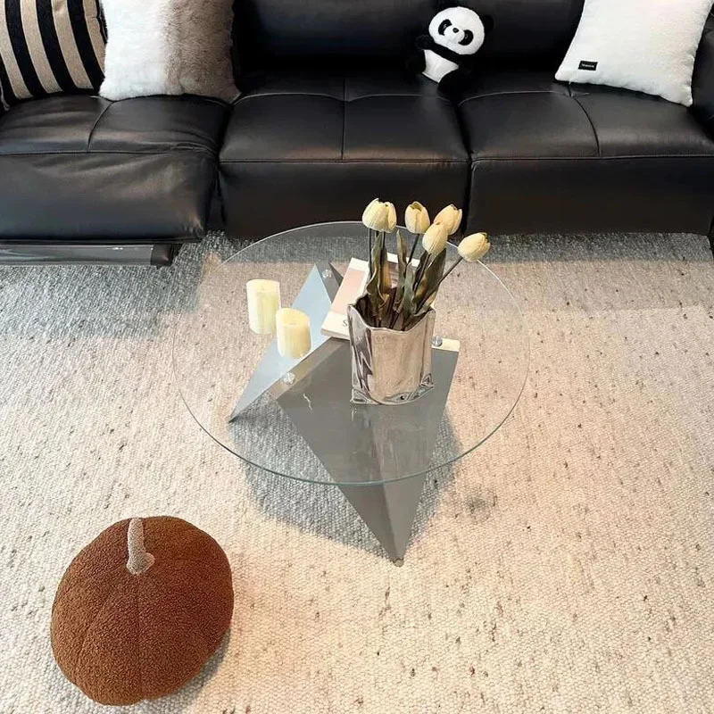 Low Stainless Steel Glass Round Coffee Table - Metal Coffee Table for Living Room Small Space, Simple Design