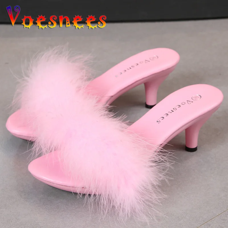 Summer Low Heel Bling Rhinestones Slippers Transparent Maomao Sandals Thin High Heels Sexy Party Comfortable Crystal Women Shoes