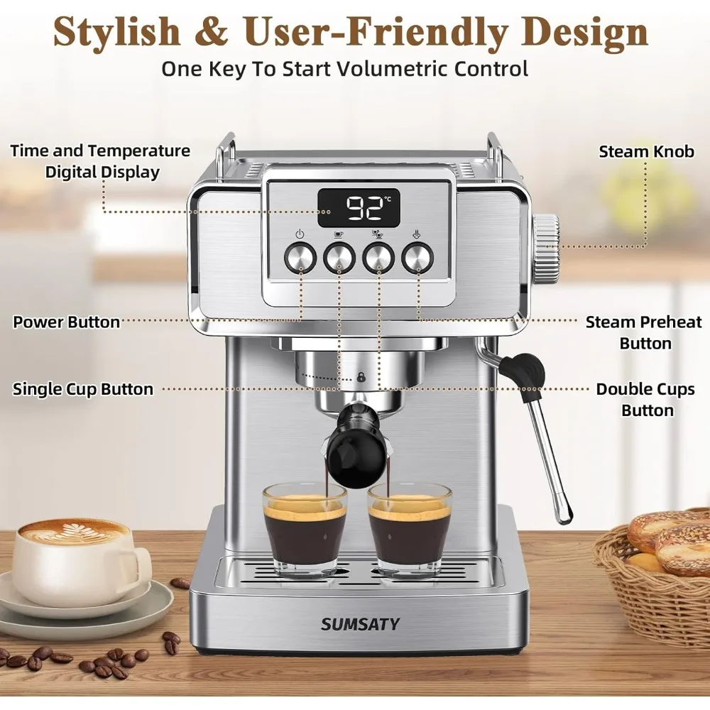 Espresso Machine, Stainless Steel Espresso Machine with Milk Frother for Latte, Cappuccino, Machiato,for Home Espresso Maker