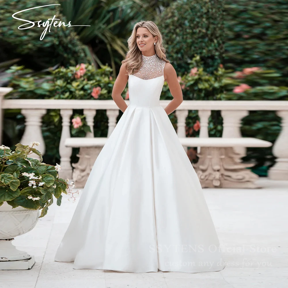 

SSYTENS Luxury Princess Wedding Dresses for a Church Wedding High Neck Beaded Sleeveless Bride Customized Reception Bridal Dress