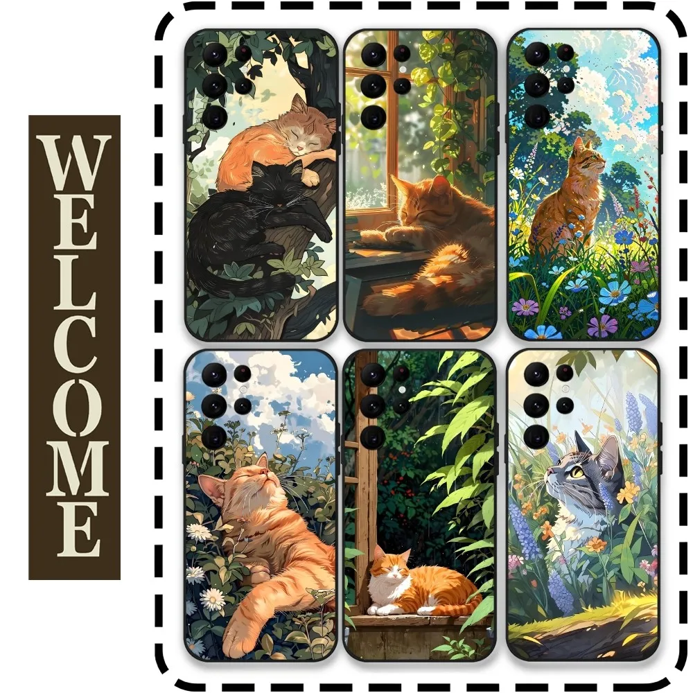 Relax Cat Phone Case For Samsung Galaxy S24 Ultra S22 S23 Ultra S21 S20 5G Protective Silicone TPU Funda