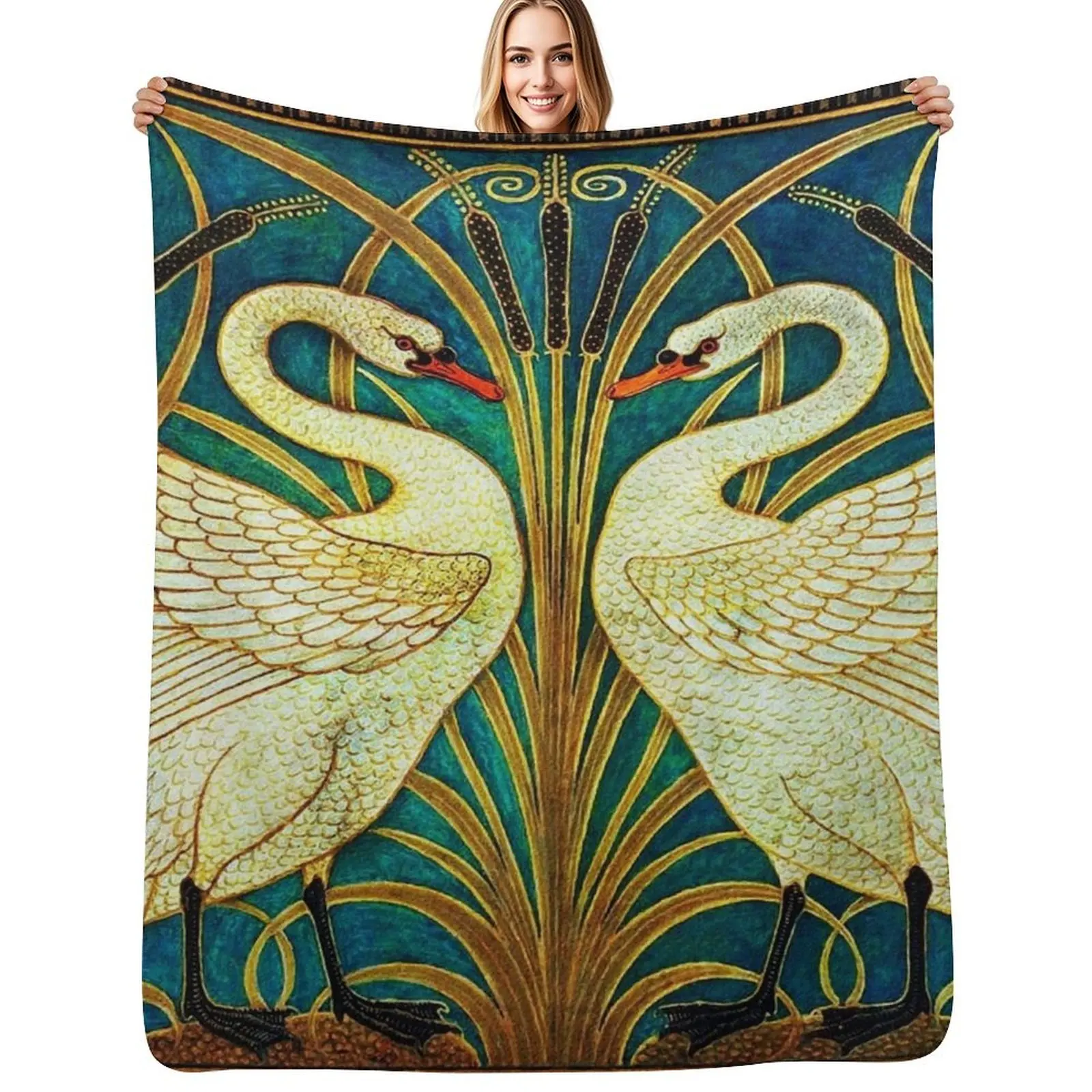 

TWO WHITE SWANS AMONG REEDS IN BLUE Art Nouveau Animals Throw Blanket Warm Flannel Blanket for Couch Chair Bedroom