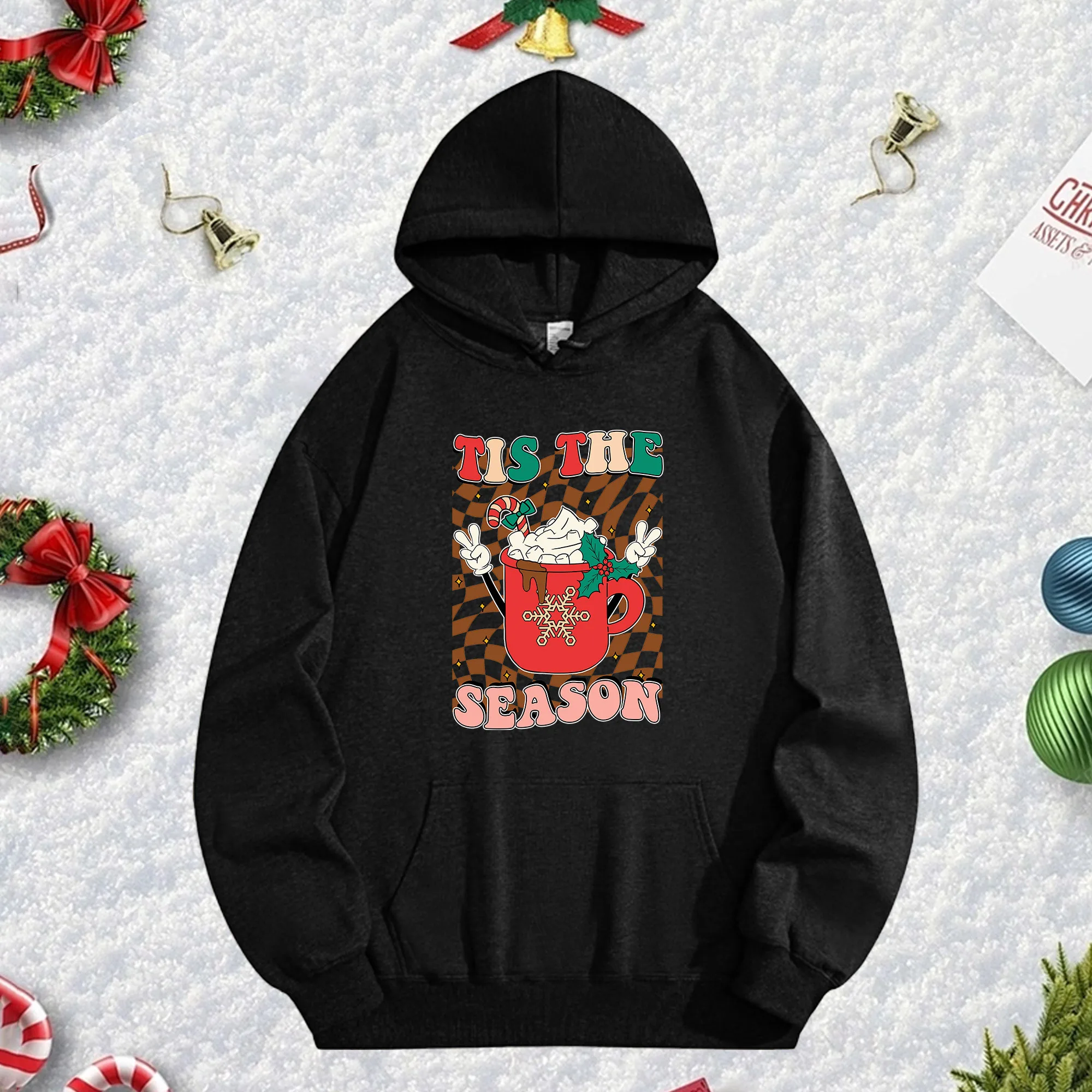 

Черная толстовка с капюшоном Tis The Season 270G для мужчин и женщин, уютный флисовый пуловер большого размера для осенне-зимнего рождественского сезона