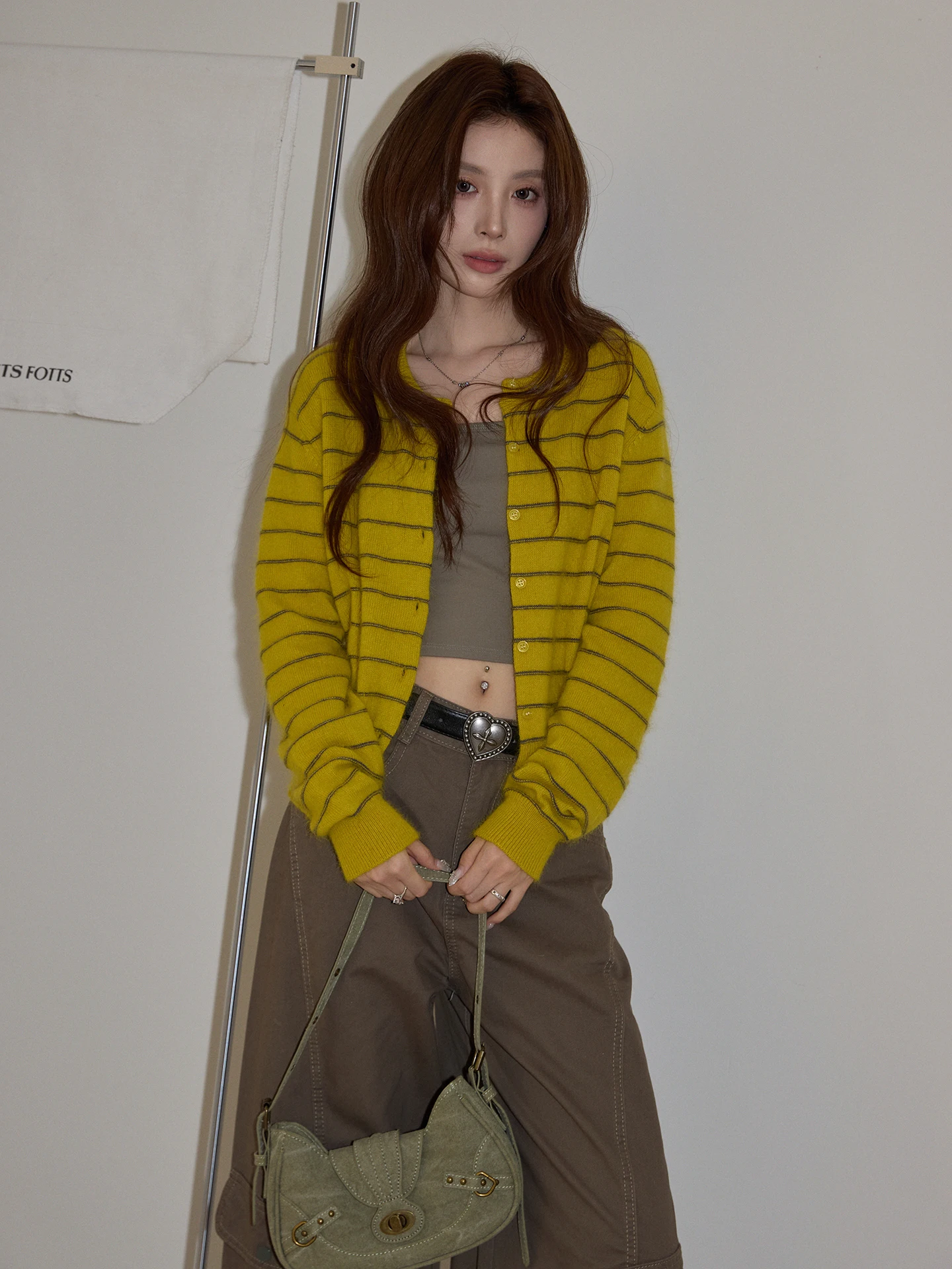 

Yellow Striped Long Sve round Ne Knitwear Outerwear Women's Spring 2026 High Quali Faionable Cardigan by Cha Cha Home