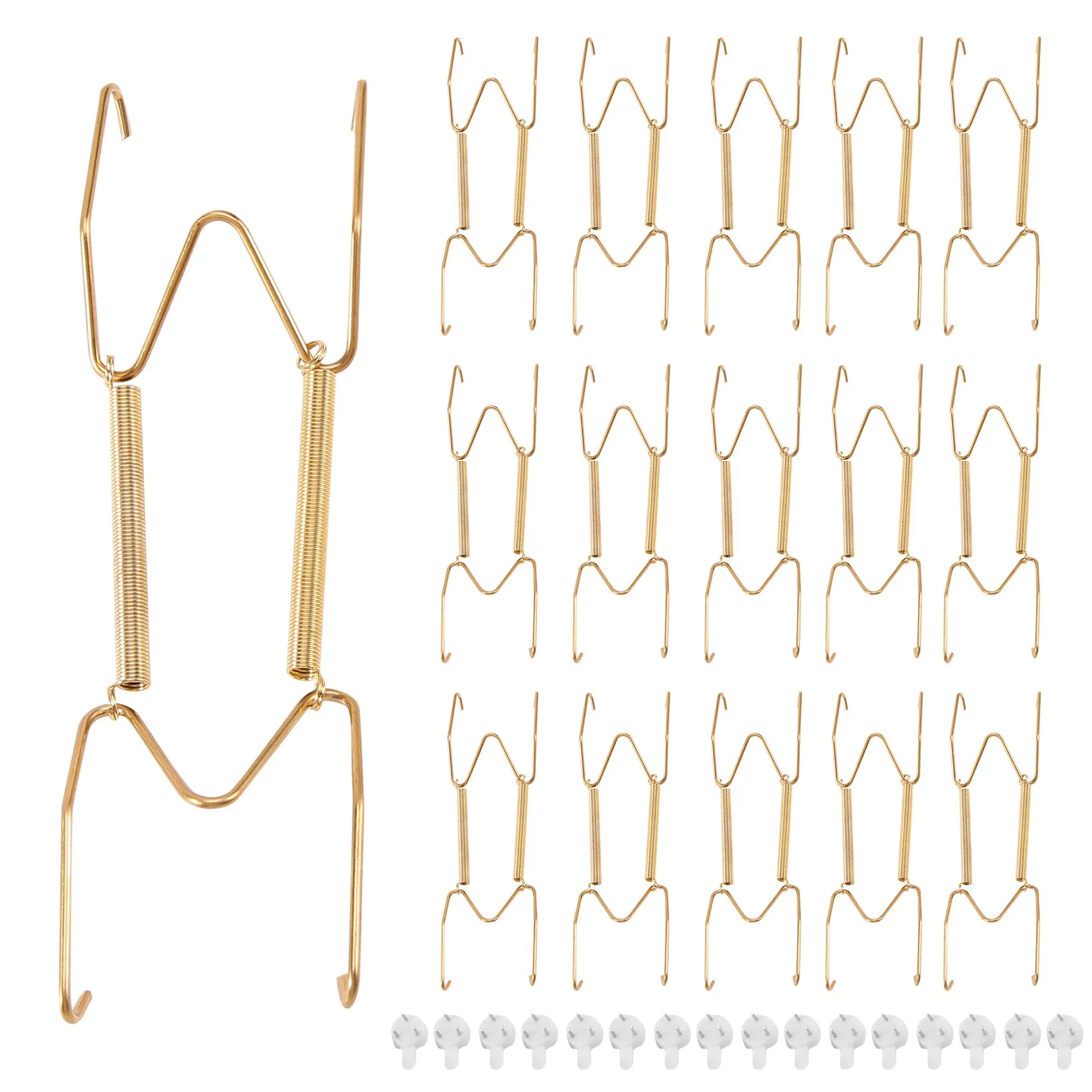 16 Pieces 6 Inch Invisible Plate Hangers Wall Plate Hangers Brass Wire Plate Holders with 18 Pieces Wall Hooks for 5 to 7 Inch D