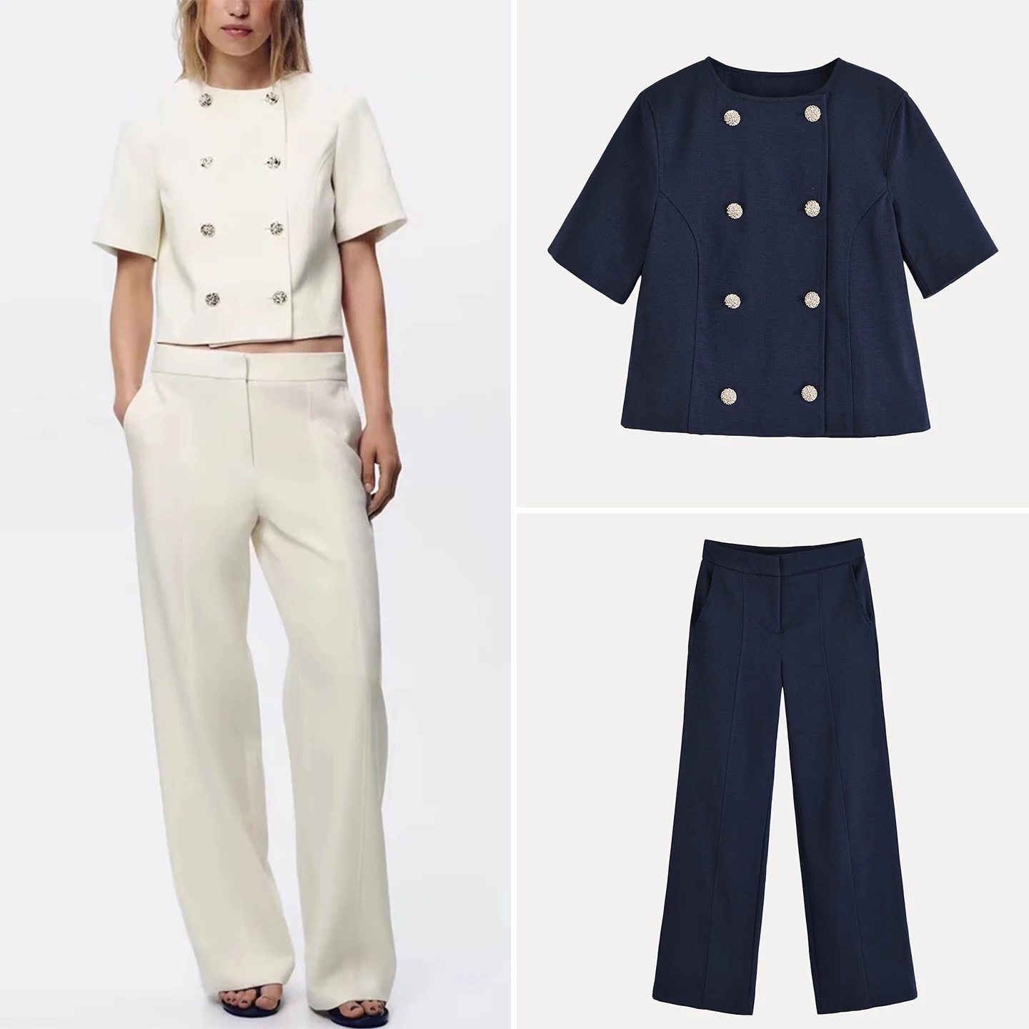 

Весна 2023. Женский круглый топ с высокой талией и прямые брюки Faion Set. Повседневный комплект из полиэфирного волокна. Четыре сезона.