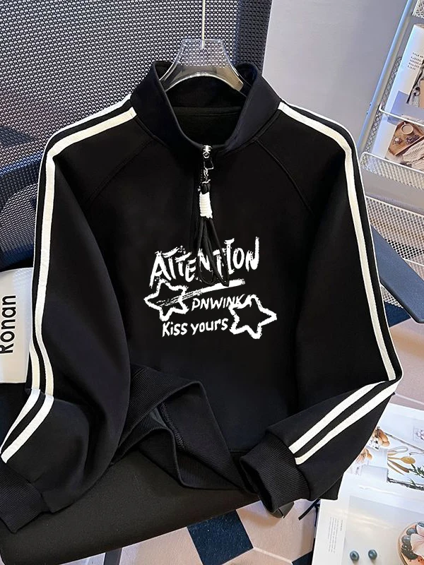 

Spring Autumn School Style Stand Collar Sweatshirt for Girls Loose Fit Zipper Design Polyester Fiber Long Sleeve Printed Jacket