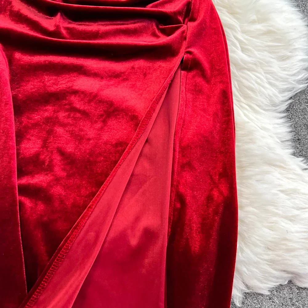 Sexy Elegant V-neck Sleeveless Hotsweet Split Velvet Slim Straps Pencil Long Dress Streetwear High Street Autumn Winter Clothing