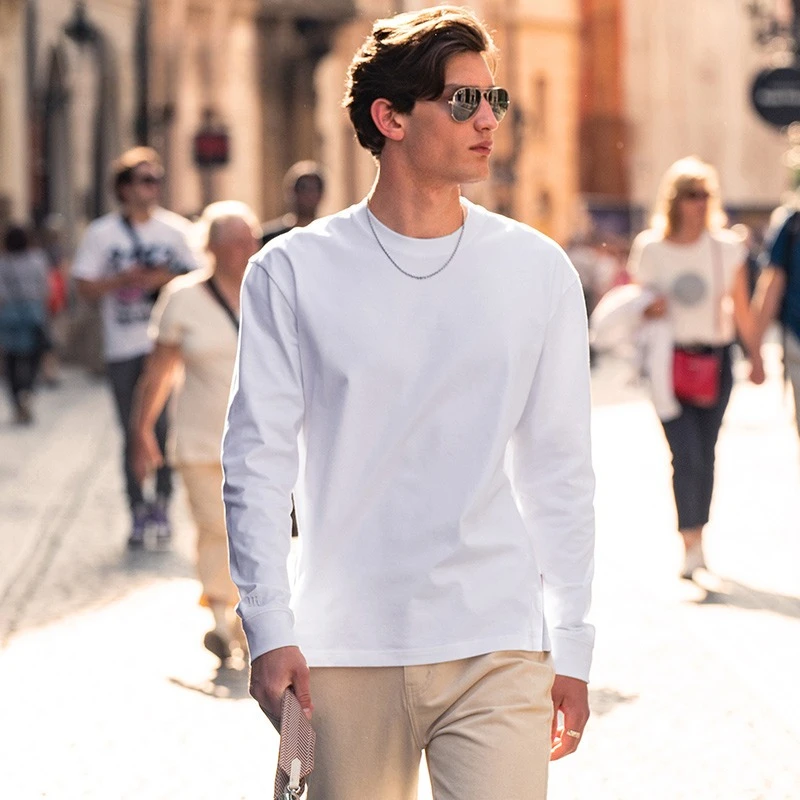 Weißes Langarm-T-Shirt aus Baumwolle für Herbst und Winter, lässiges Frühlings- und Herbstboden aus reiner Baumwolle, Innen-Streetwear
