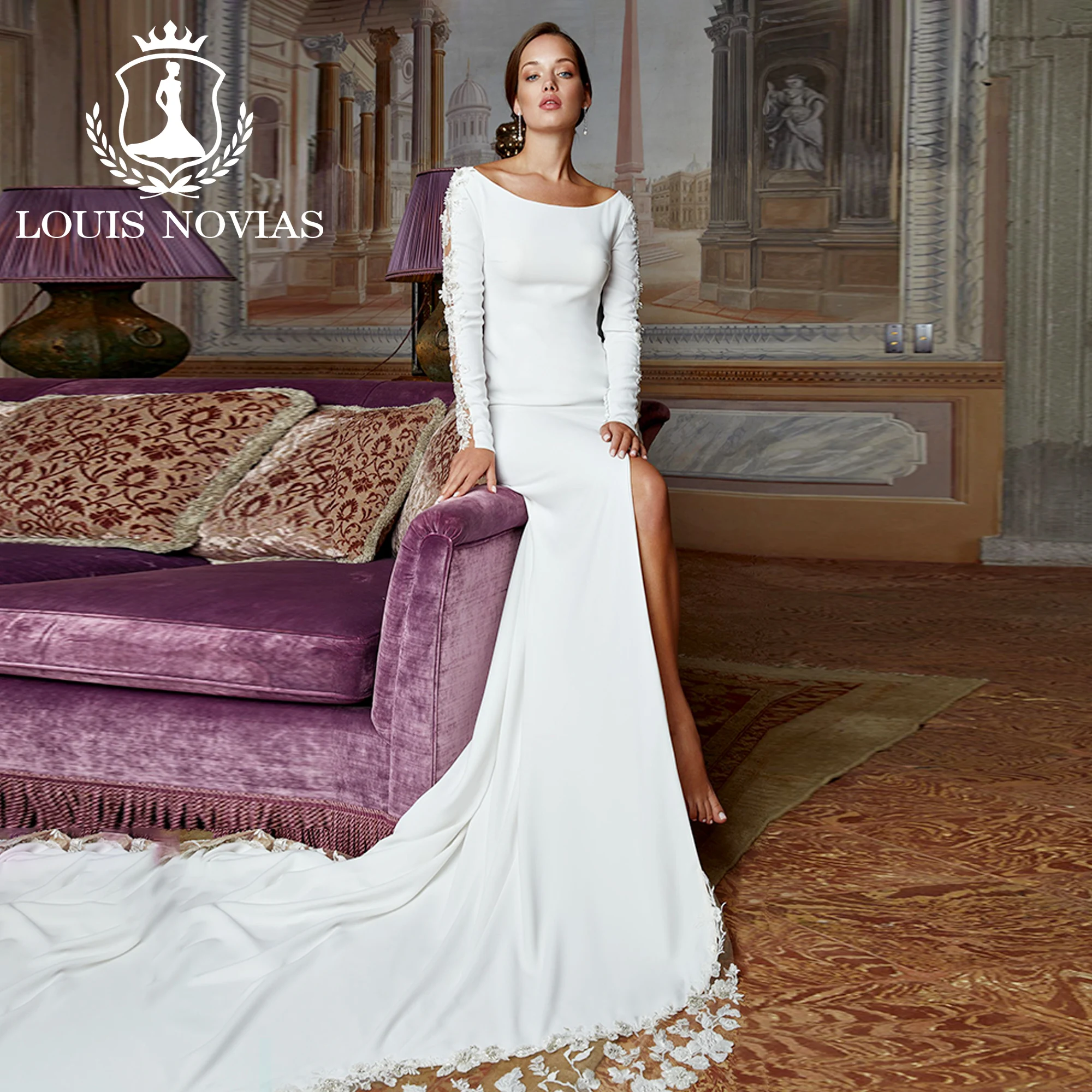 LOUIS NOVIAS Long Sleeve Mermaid Wedding Dress 2023 Modern Boat Neck Appliques Thigh Split Satin Wedding Gown Vestidos De Novia