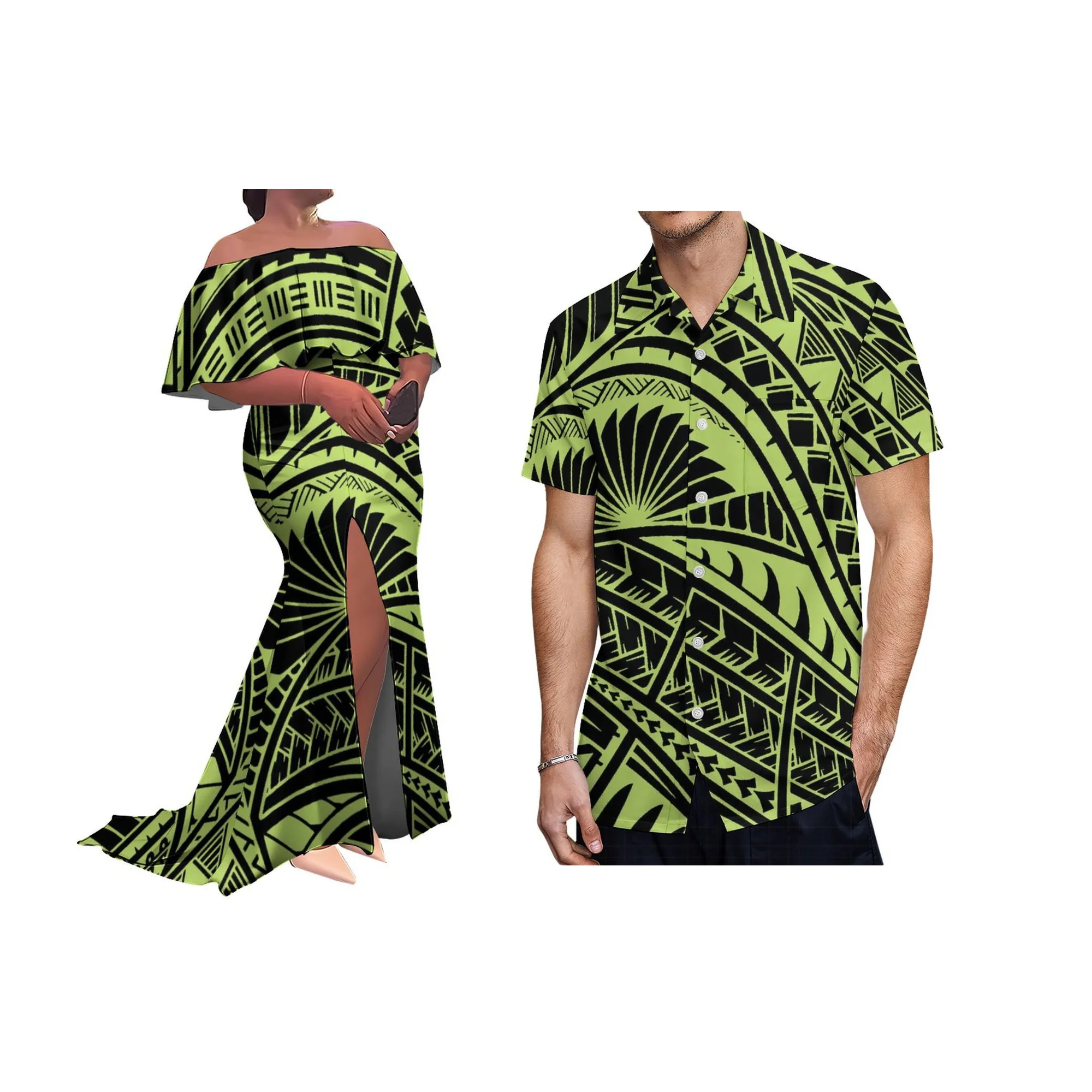 Design Custom Polyester Summer Tonga Polynesian Tribal Print Slit Pleated Plus Size Floor-length Bodycon Prom Women Dress