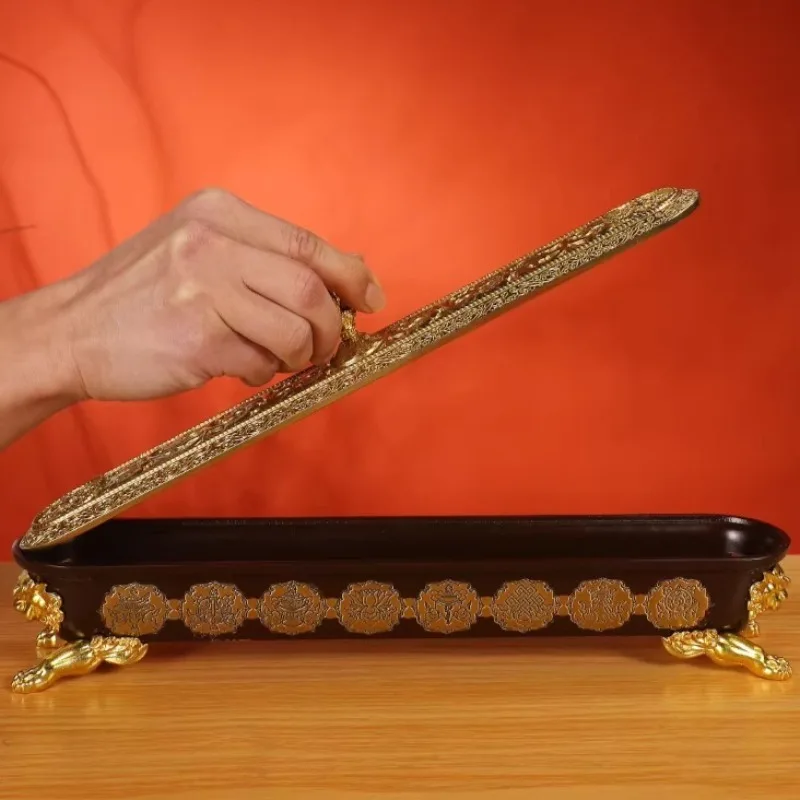 

33.4CM Eight Auspicious Six-character Mantras Auspicious Lion Copper Lying Incense Burner Indoor Worship Buddha Incense Ornament