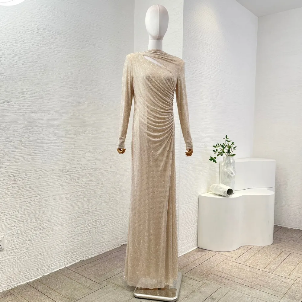 2024 ใหม่ผู้หญิงแขนยาวสีทองเพชร Pressed CUT OUT Maxi Dress