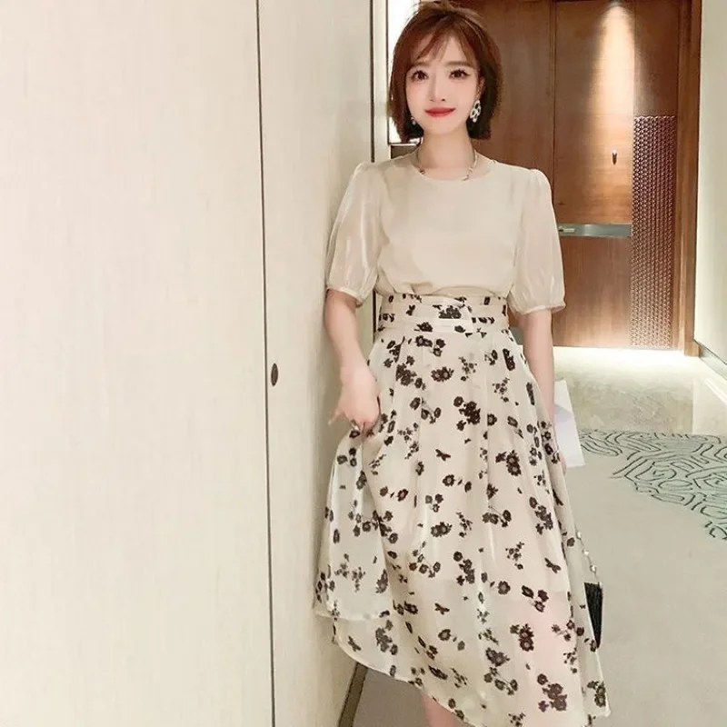 Short Sleeve 2 Pieces Sets for Women Skirt Printing Woman Outfit Kawaii Full Festival Y2k Streetwear Top and Bottom Jacket Korea