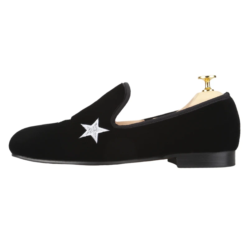Piergitar Black Velvet With Stars Embroidery Slip-On Loafers Handmade Men Formal Shoes For Party Wear Red Quilted Cotton Inside