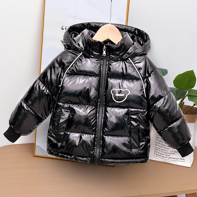 Winter New Boys Girls Thick Jacket Cartoon Bear Glossy Antifouling Lining Plus Velvet Keep Warm Hooded Snowsuit For 2-6 Years