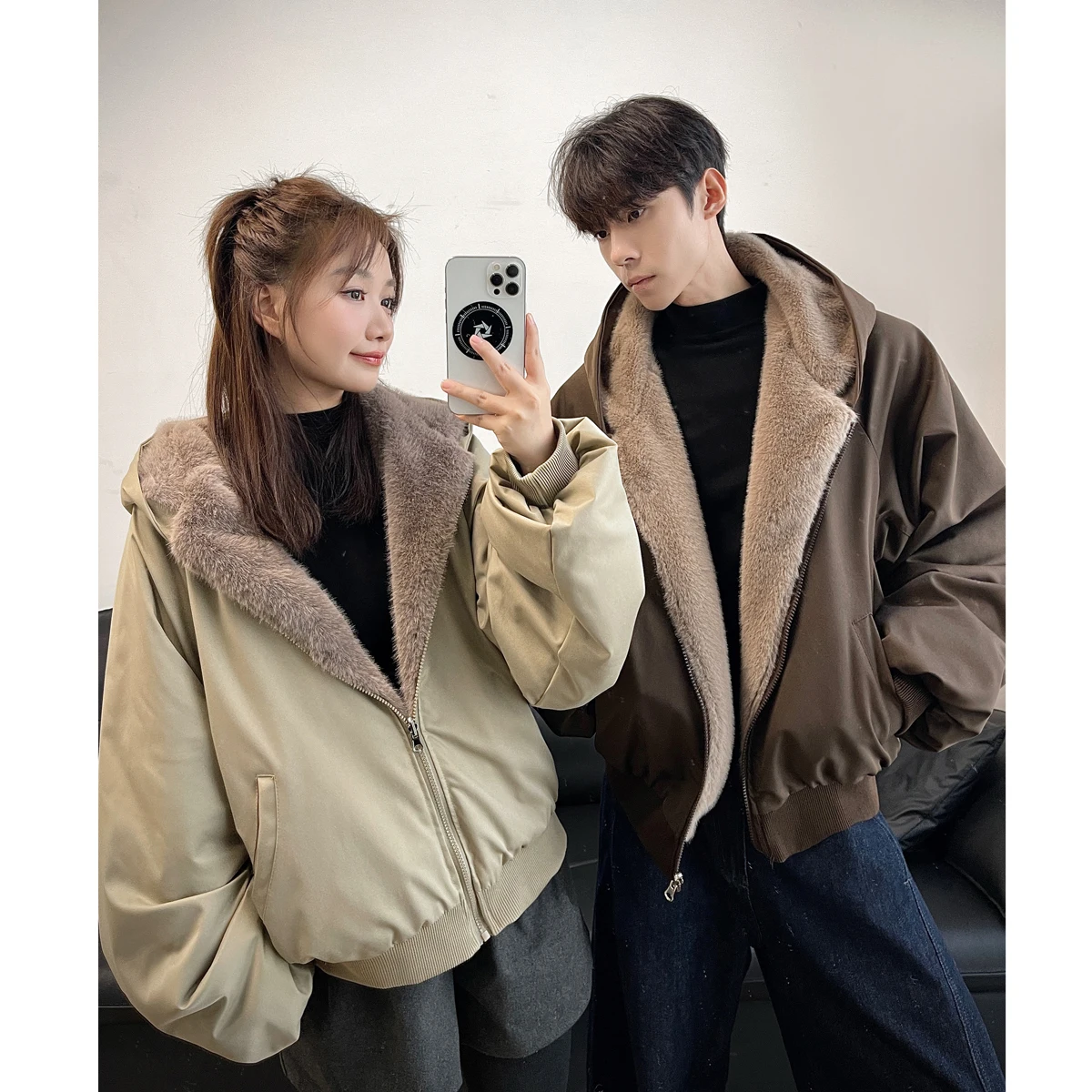 سترة بغطاء للرأس مبطنة بالصوف مزدوجة الوجه للجنسين - أخضر حكيم (كحلي/بني/أسود) S-XL ملابس شتوية دافئة للزوجين ​