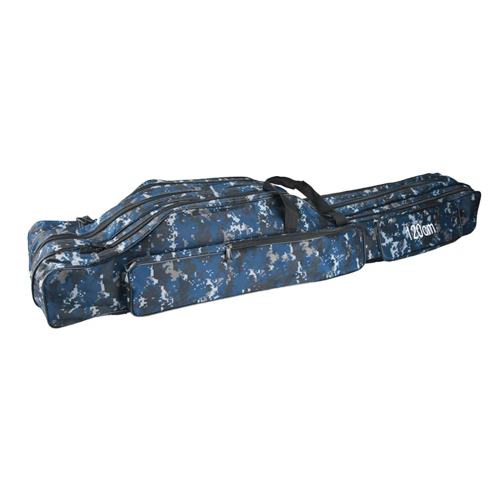 Canvas Foldable Fishing Bag Double-Layer Carrier Outdoor Travel Case 3 Main Compartments 2 Pouches Waterproof Fishing Rod Reel