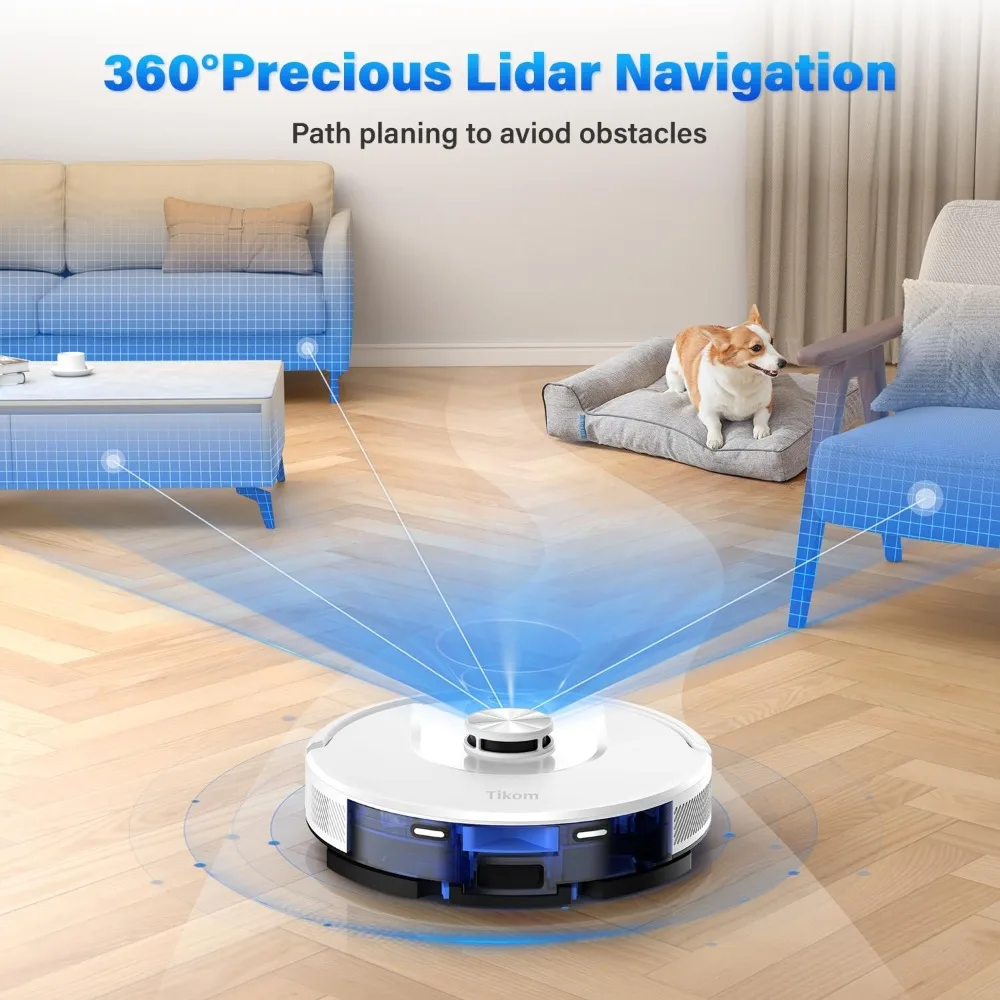 LiDAR-Navigation Robotic Vacuum, Robot Vacuum and Mop, 20 paredes virtuais, bom para pêlos de animais, tapete, piso duro, branco