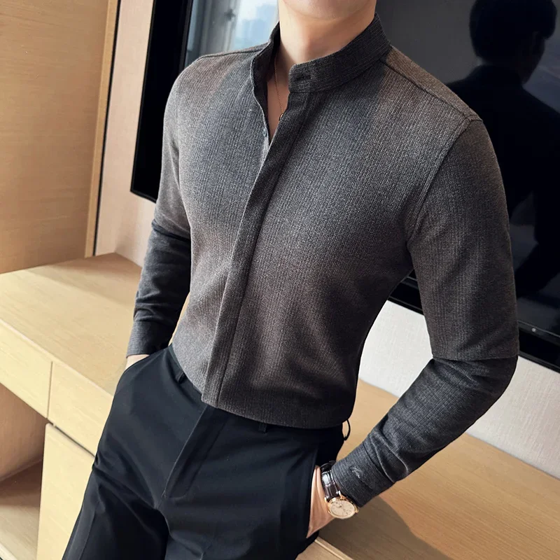 남성용 두껍고 따뜻한 모직 셔츠, 스탠드업 칼라, 스트라이프 긴팔, 슬림핏 셔츠, 포멀한 사교 남성 의류, 가을, 겨울, 신상
