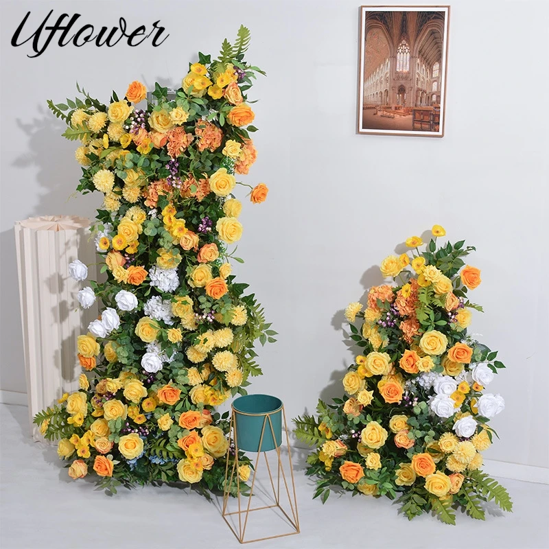 

Uflower Yellow Rose Flower Row Wedding Decoration Event Party Backdrop Horn Arch Frame Floor Floral Arrangement Window Display