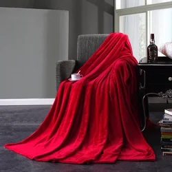 Red Flannel Blanket Soft Throw Blanket On Sofa Bed Plane Travel Plaids Adult Home Textile Solid Color Blanket Travel Blanket