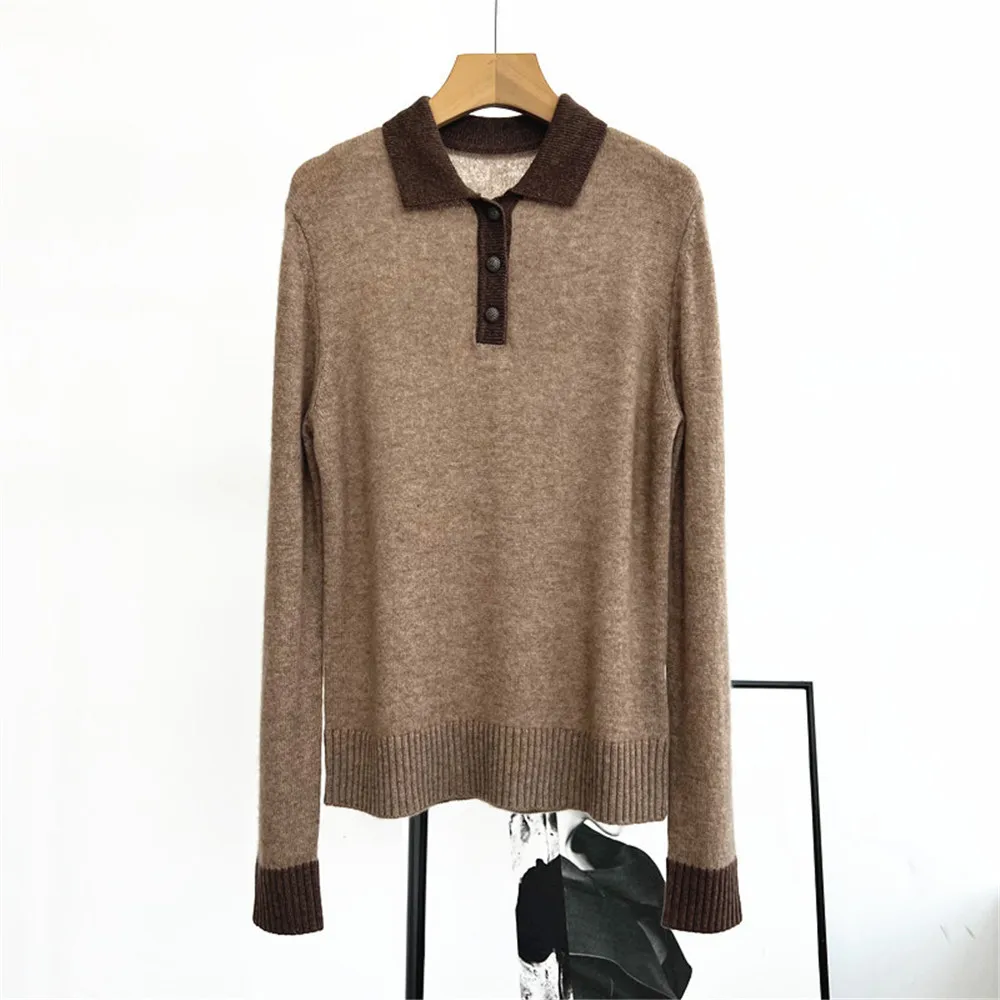 25 초가을 새로운 여성 폴로 칼라 세트 헤드 버튼 긴 소매 대비 느슨한 스트레이트 튜브 캐시미어 니트 탑
